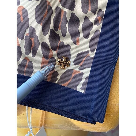 Tory Burch Reva Leopard Double Sided Silk Square Scarf Tory Navy Blue Reversible - Picture 7 of 11